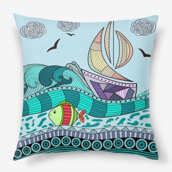 Подушка «Абстрактное море с кораблем и рыбкой»