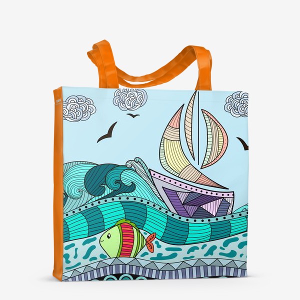 Сумка-шоппер «Абстрактное море с кораблем и рыбкой»