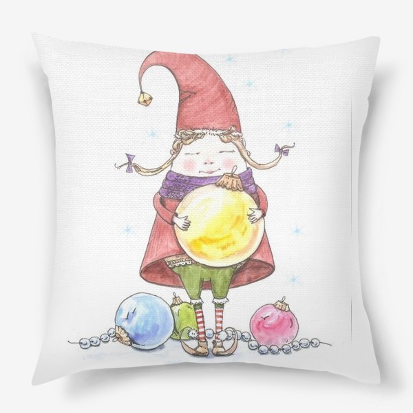 Подушка «Гномик-девочка с новогодними шариками»