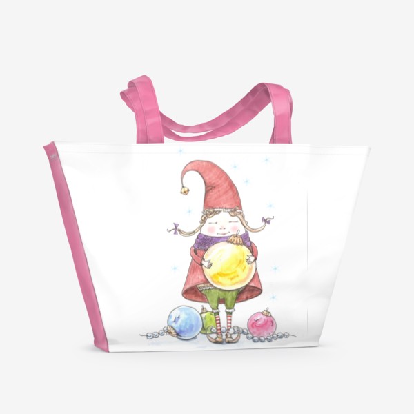 Пляжная сумка «Гномик-девочка с новогодними шариками»