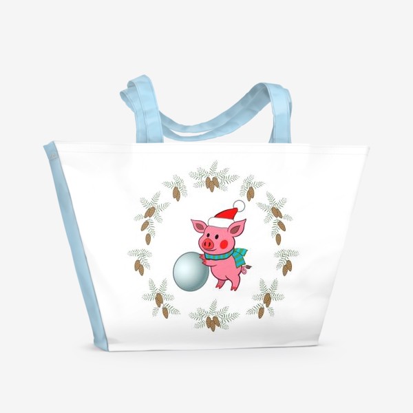 Пляжная сумка «Новогодний поросенок со снеговиком»