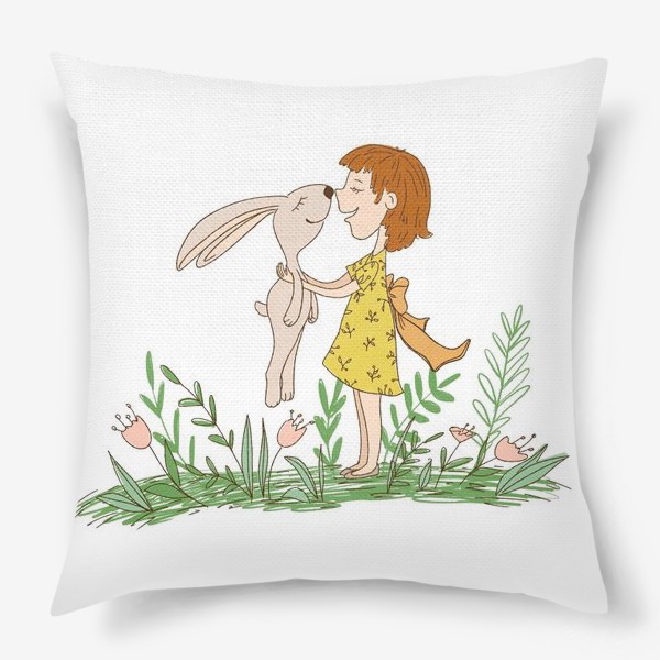 Подушка «девочка с кроликом нос к носу»