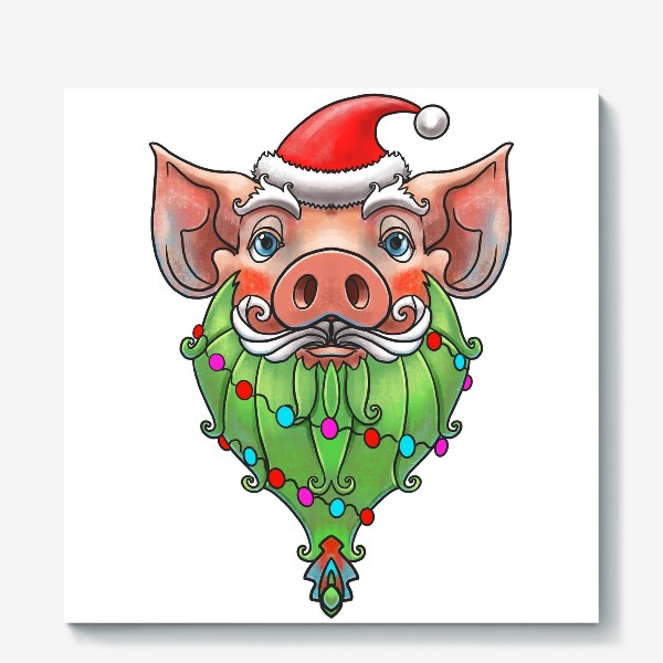 Холст «Санта свинка новогодняя елка»
