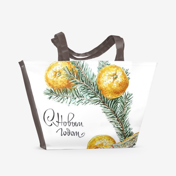 Пляжная сумка «новогоднее поздравление и елка с мандаринами акварель»