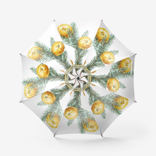 Зонт «новогоднее поздравление и елка с мандаринами акварель»