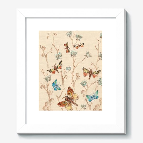 Картина «Бабочки, цветы,веточки.Бежевый,голубой»