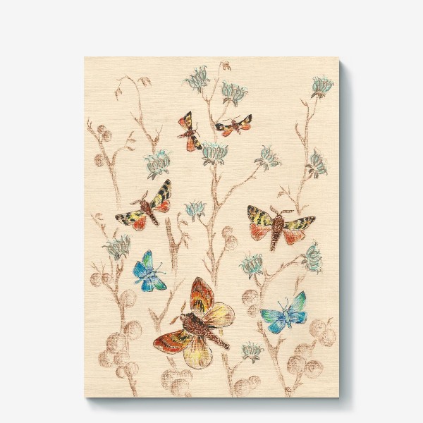 Холст &laquo;Бабочки, цветы,веточки.Бежевый,голубой&raquo;