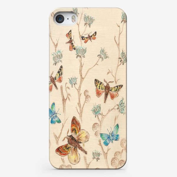 Чехол iPhone «Бабочки, цветы,веточки.Бежевый,голубой»