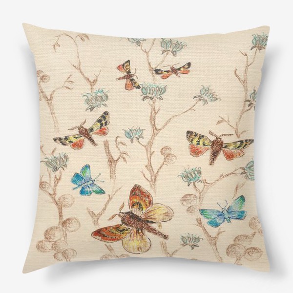 Подушка «Бабочки, цветы,веточки.Бежевый,голубой»