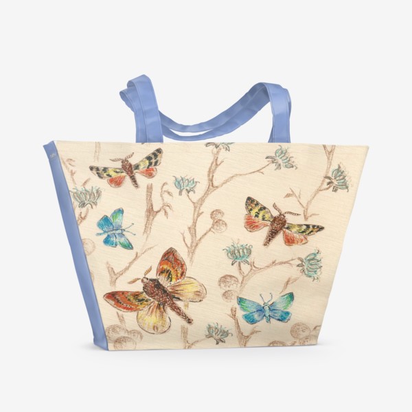 Пляжная сумка &laquo;Бабочки, цветы,веточки.Бежевый,голубой&raquo;