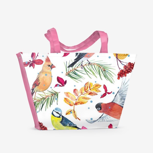 Пляжная сумка «Синица, снегири, кардинал с рябиной узор»