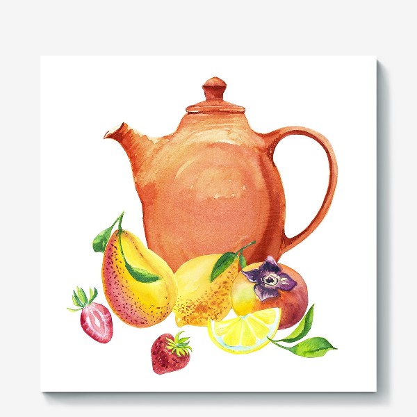 Холст «Чайник  с фруктами акварель»