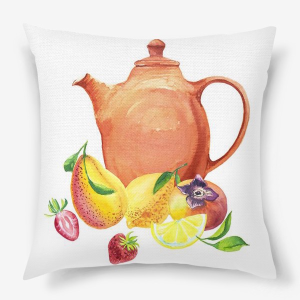 Подушка «Чайник  с фруктами акварель»