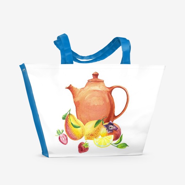 Пляжная сумка «Чайник  с фруктами акварель»