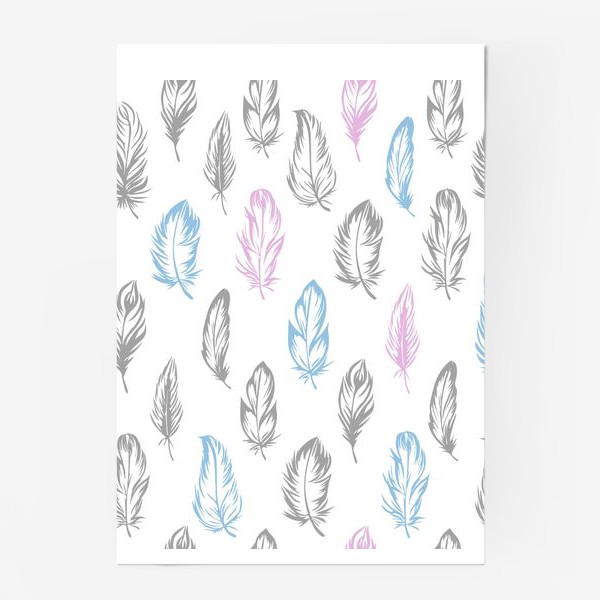 Постер &laquo;Серые, голубые, розовые перышки на белом бесшовный паттерн&raquo;