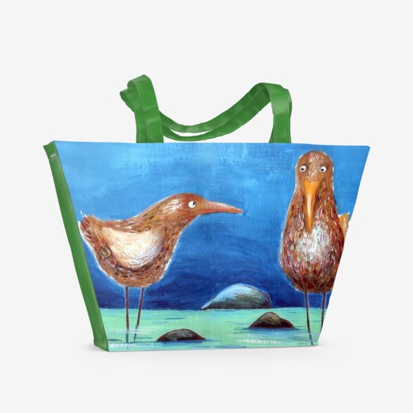 Пляжная сумка «Две смешных птицы на реке.»