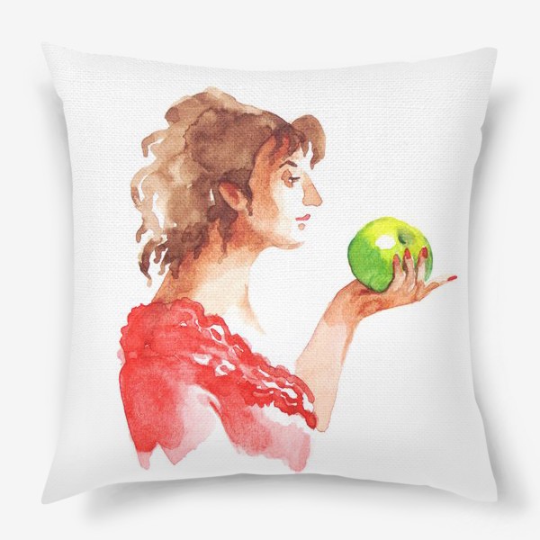 Подушка &laquo;Девушка в красном платье с яблоком, винтаж, ретро&raquo;