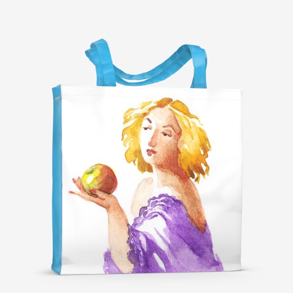 Сумка-шоппер «Девушка с яблоком в фиолетовом платье, ретро, винтаж»