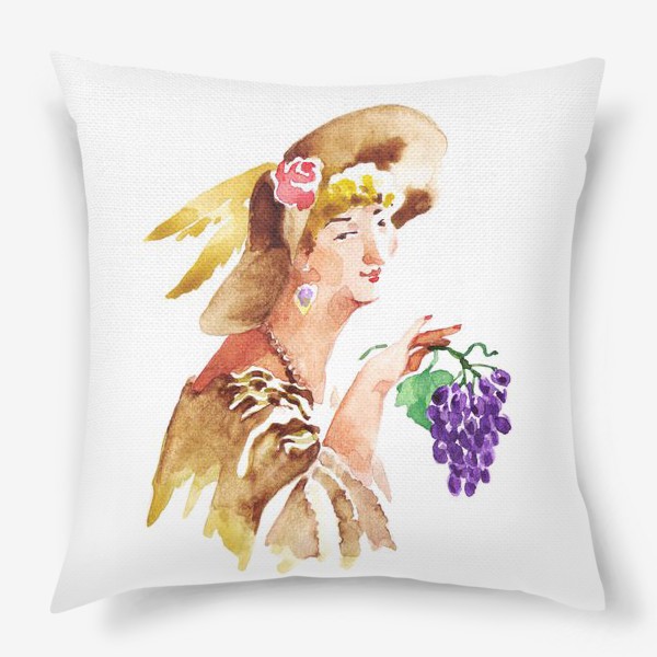 Подушка «Женщина в шляпке с гроздью винограда, ретро, винтаж»