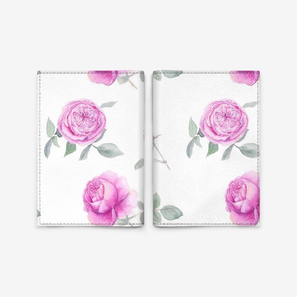 Обложка для паспорта «Розовые английские розы, летний акварельный цветочный принт на белом фоне»