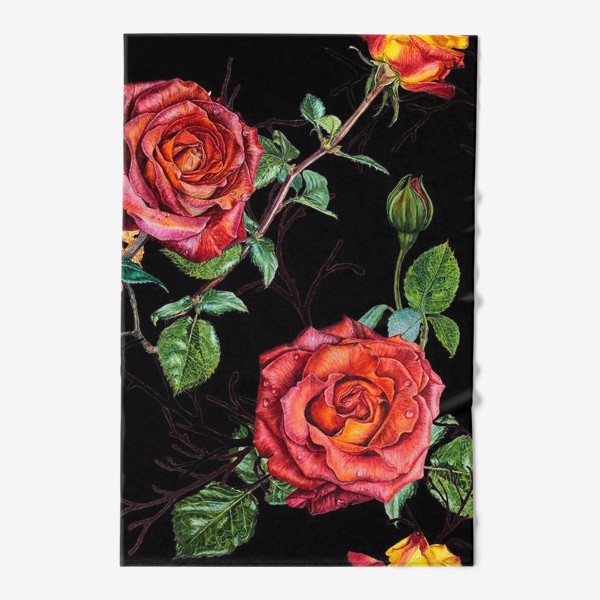 Полотенце «Узор из красных роз на черном фоне»