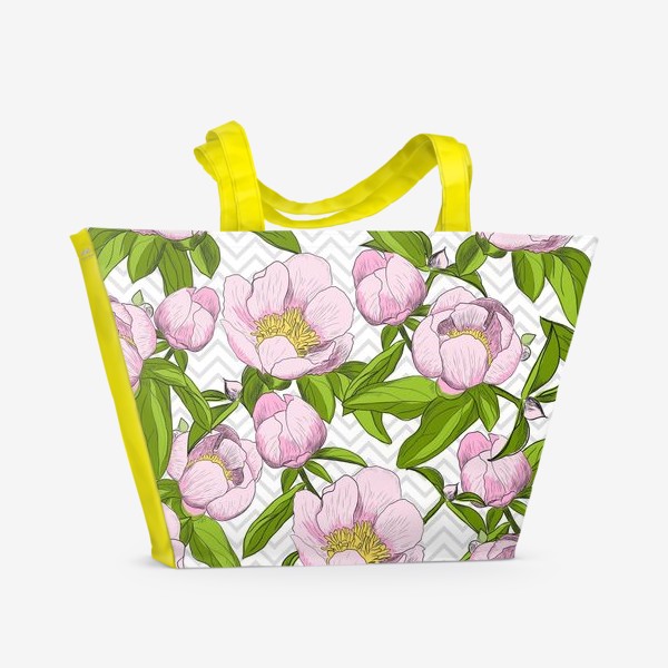 Пляжная сумка &laquo;Розовые пионы с листьями на фоне "зигзаг"&raquo;