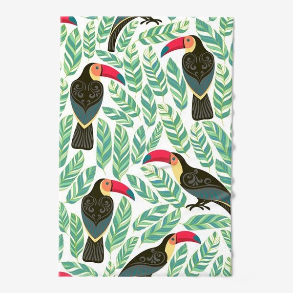 Полотенце &laquo;Туканы с орнаментами на фоне тропических листьев. Бесшовный паттерн.&raquo;
