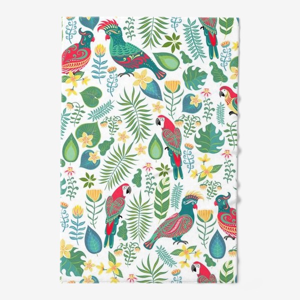 Полотенце «Разноцветные попугаи с орнаментами на фоне тропических цветов и листьев.»