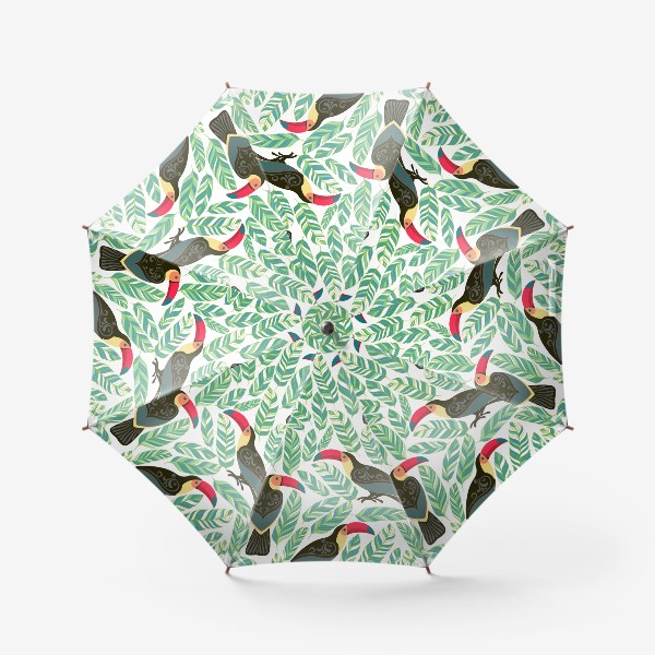 Зонт «Туканы с орнаментами на фоне тропических листьев. Бесшовный паттерн.»