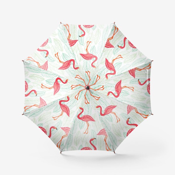 Зонт «Розовые фламинго с орнаментами на фоне листьев. Бесшовный паттерн.»