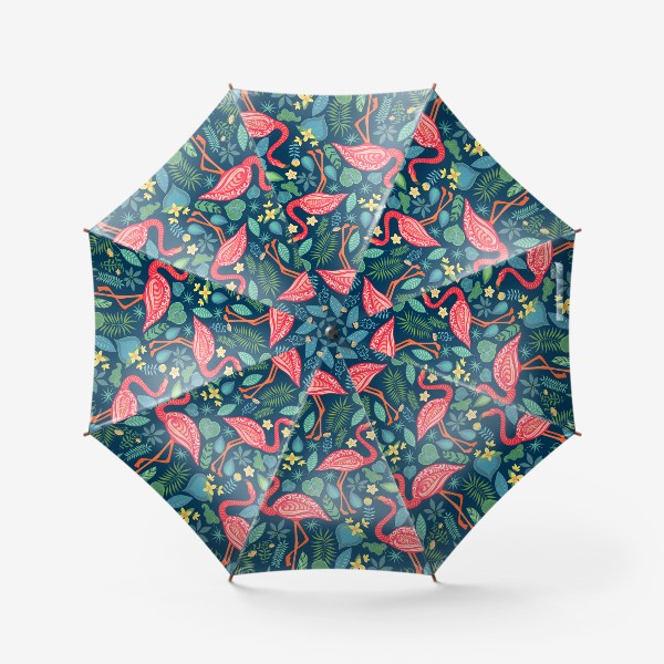 Зонт «Розовые фламинго, тропические цветы и листья на темно-синем фоне.»