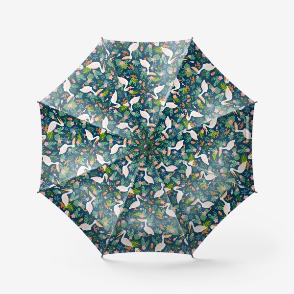 Зонт «Пеликаны с рыбой, тропические цветы и листья на синем фоне.»