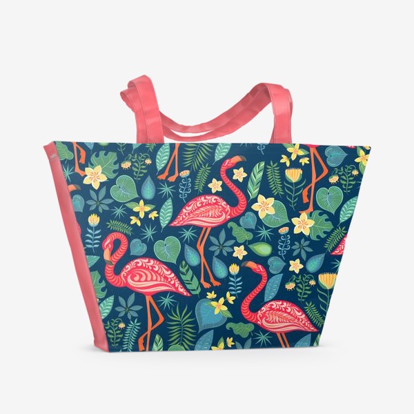 Пляжная сумка «Розовые фламинго, тропические цветы и листья на темно-синем фоне.»