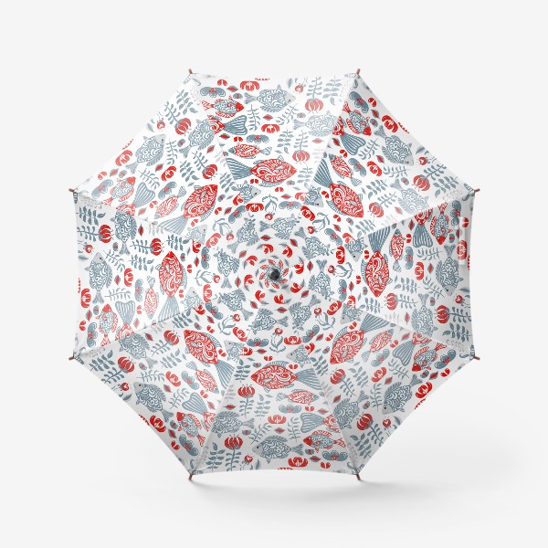Зонт «Декоративный паттерн: рыбки с орнаментом, цветы  и ветки на белом фоне. »