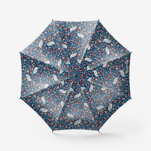 Зонт &laquo;Декоративный паттерн с аистами, колибри, цветами на синем фоне. &raquo;