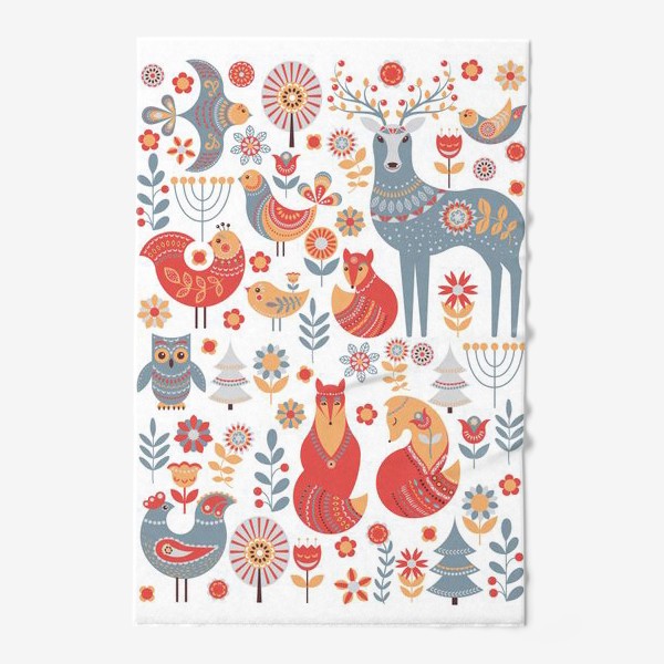 Полотенце &laquo;Животные, птицы, растения - декоративный орнамент в скандинавском стиле.&raquo;