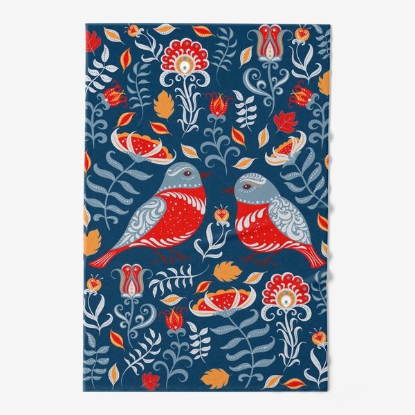 Полотенце «Прямоугольный орнамент с птицами, цветами и веточками. Фольклорный стиль.»