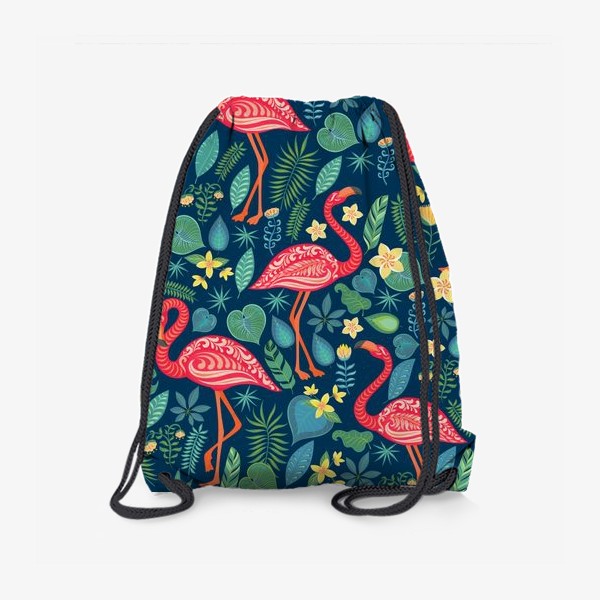 Рюкзак «Розовые фламинго, тропические цветы и листья на темно-синем фоне.»