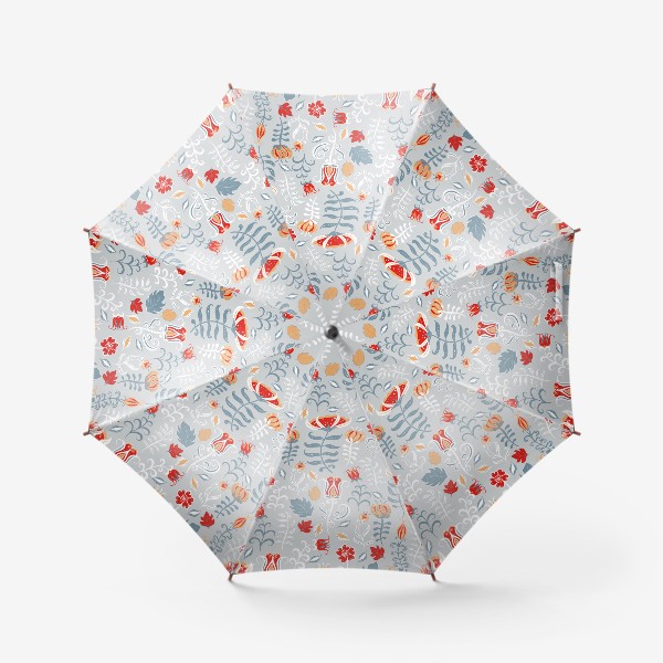 Зонт «Паттерн с цветами и веточками на сером фоне в фольклорном стиле»