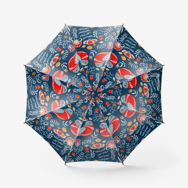 Зонт «Прямоугольный орнамент с птицами, цветами и веточками. Фольклорный стиль.»
