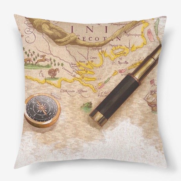 Подушка «Подзорная труба и компас на географической карте, урок географии»