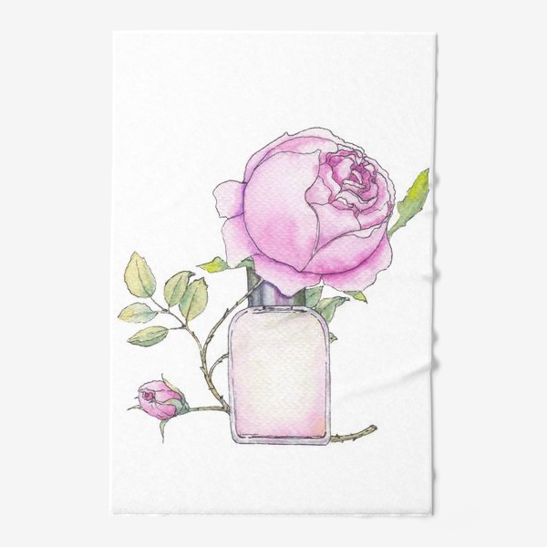 Полотенце «Английская розовая роза и флакон духов. Акварельный скетч на белом фоне»