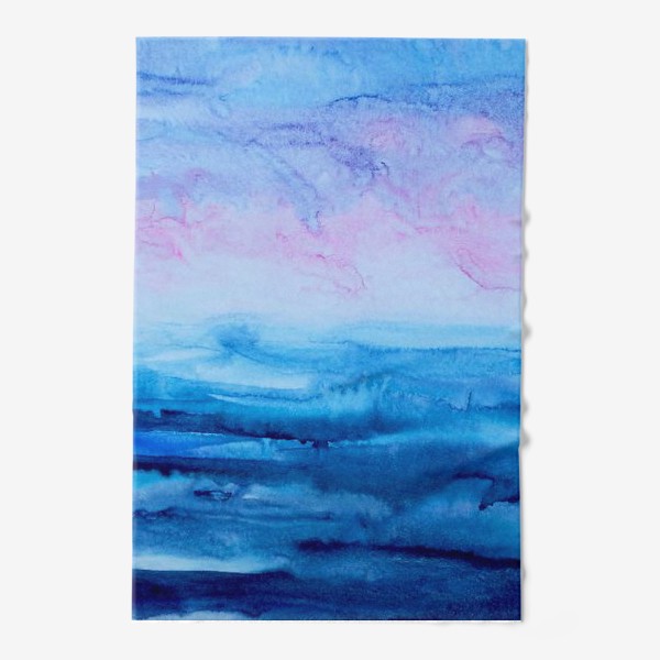 Полотенце «Закат на море. Абстракция, современная акварель, жидкая техника, голубой и розовый цвета, волны, небо, лето»