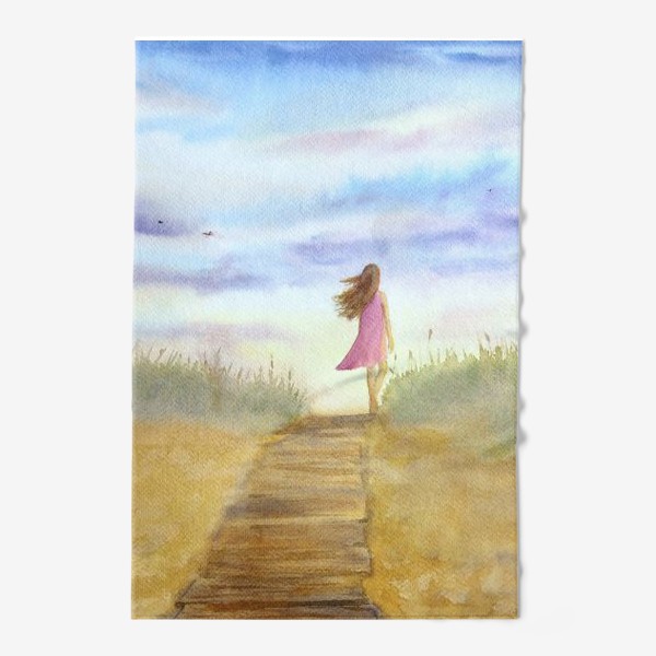 Полотенце &laquo;"Путь к себе". (Девушка идущая по пляжу на фоне заката). Картина акварель. Лето, море, отдых &raquo;