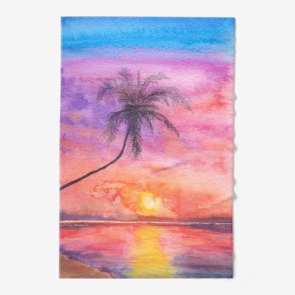 Полотенце &laquo;Закат на океане. Пейзаж, пальма, море, пляж, небо&raquo;
