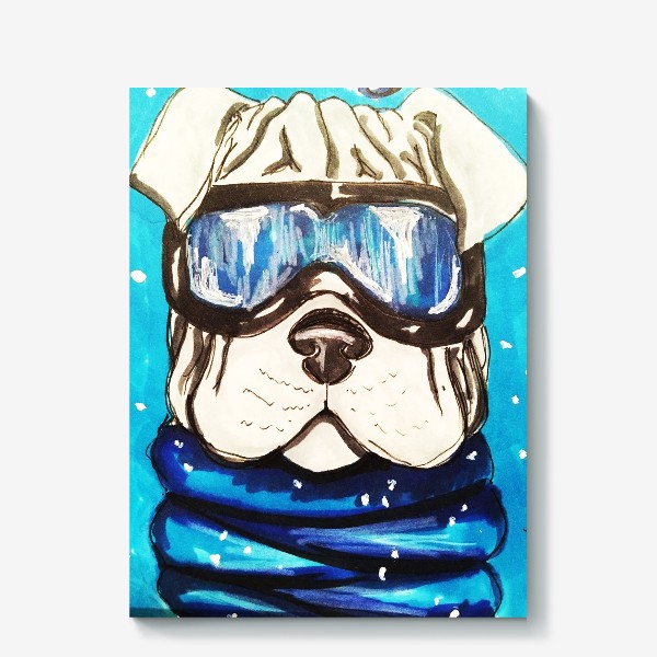 Холст «Собака в лыжных очках на синем фоне»