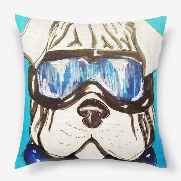 Подушка «Собака в лыжных очках на синем фоне»