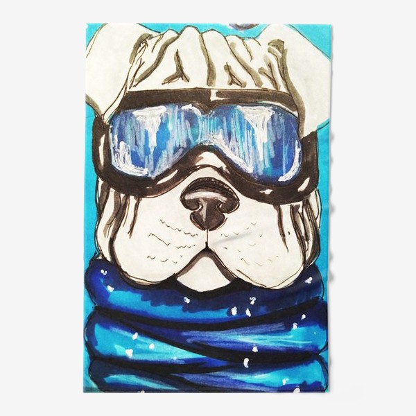 Полотенце «Собака в лыжных очках на синем фоне»