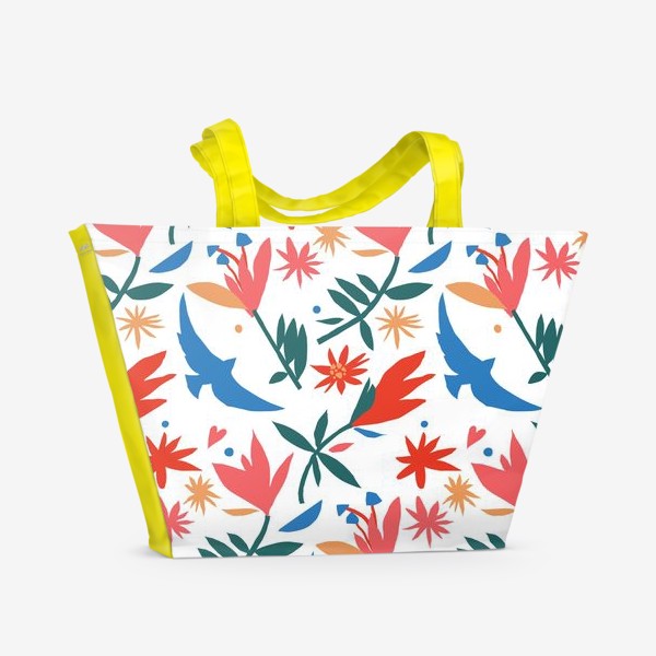 Пляжная сумка «Мексиканский традиционный узор с цветами и птицей»