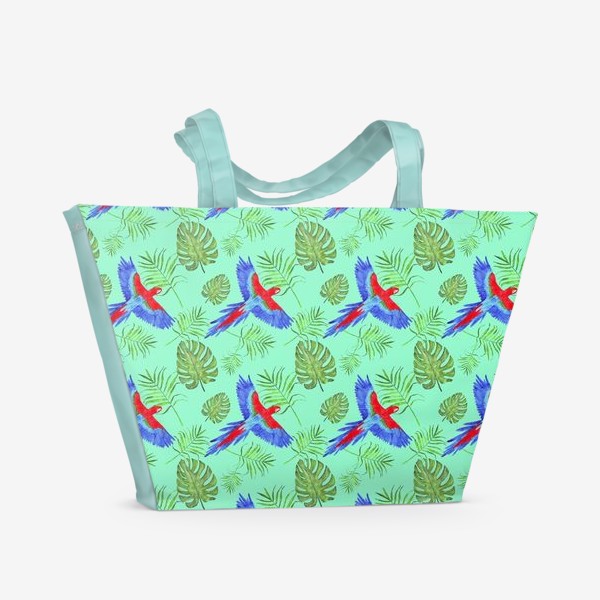 Пляжная сумка &laquo;тропический узор попугай ара мятный фон&raquo;